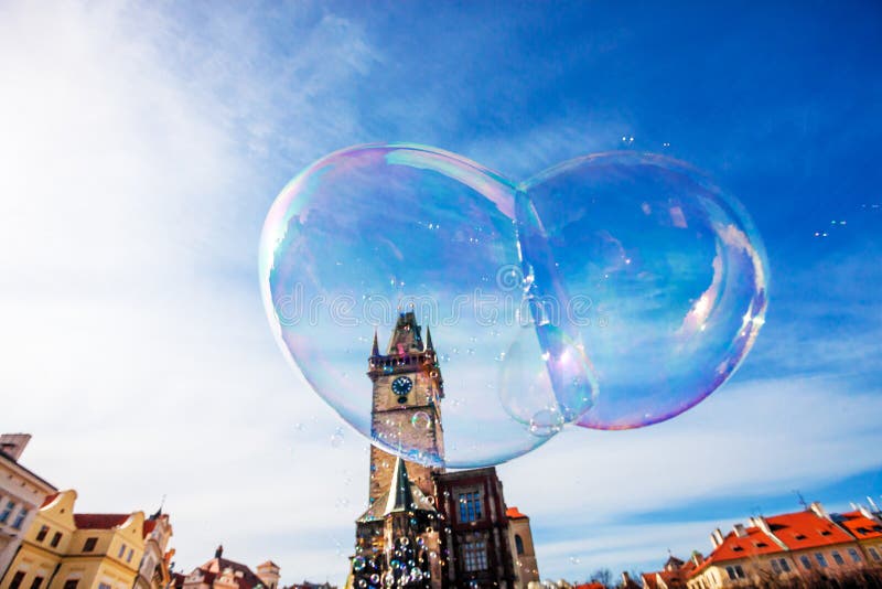 A Huge Bubble in the Background the Old Town Square in Prague Stock
