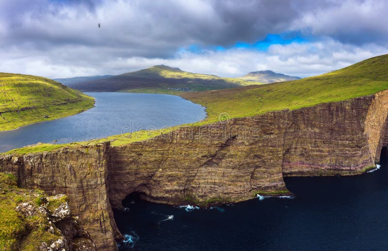 Huge Cliff and Lake Sorvagsvatn on Island of Vagar, Faroe Islands ...