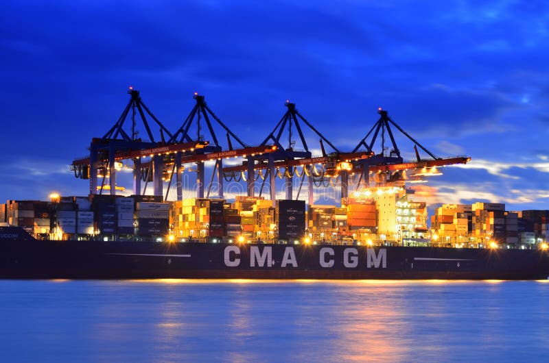 Container ship unloaded in international port stock image