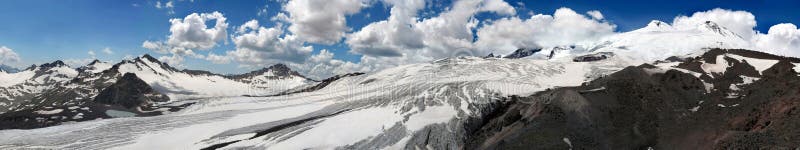 Huge glacier of Elbrus mountain close to peak. Great panorama of