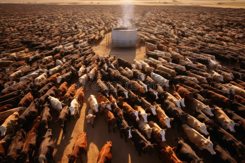 Huge herds of cattle from factory farming.