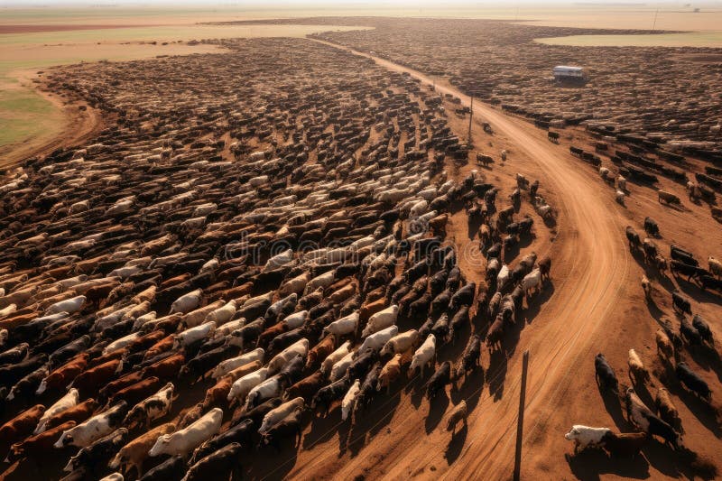 Huge herds of cattle from factory farming.