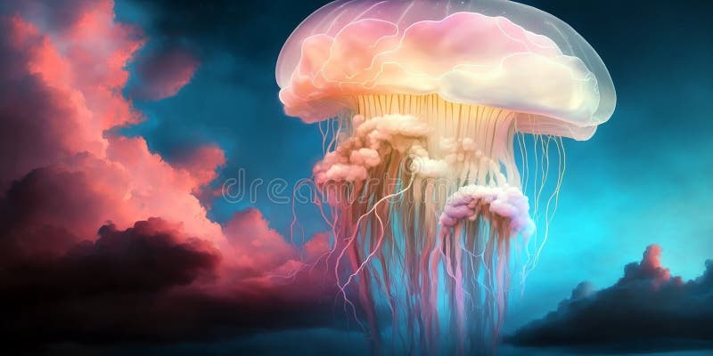 A Huge Jellyfish is Floating in the Blue Sky among the Clouds. Pink and
