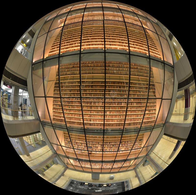 Background of paper books that fill several floors of the modern library building, spherical panorama. Background of paper books that fill several floors of the modern library building, spherical panorama