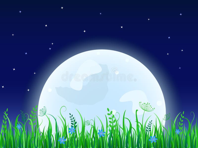 Huge Moon with Grass Meadow Stock Vector Illustration of blue
