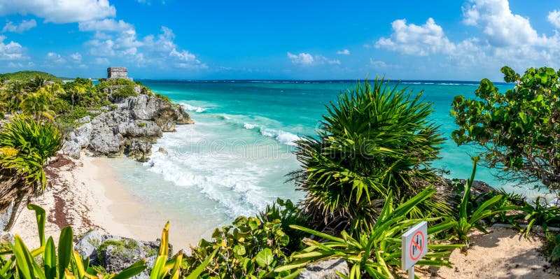 Huge Panorama of Tulum caribbean paradise and Mayan Ruins. Traveling Mexico.