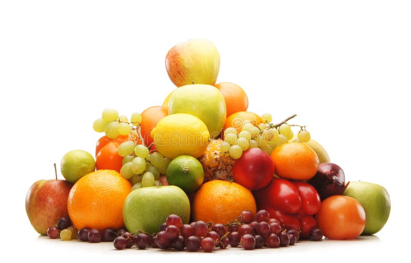 A huge pile of fresh and tasty fruits on white