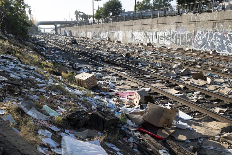 Huge piles of trash on the railroad tracks in Los Angeles