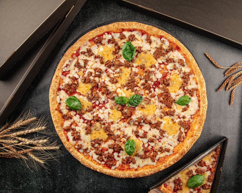 Huge Pizza with Cheddar Cheese and Minced Beef Stock Image Image of cooked, culinary 274623067