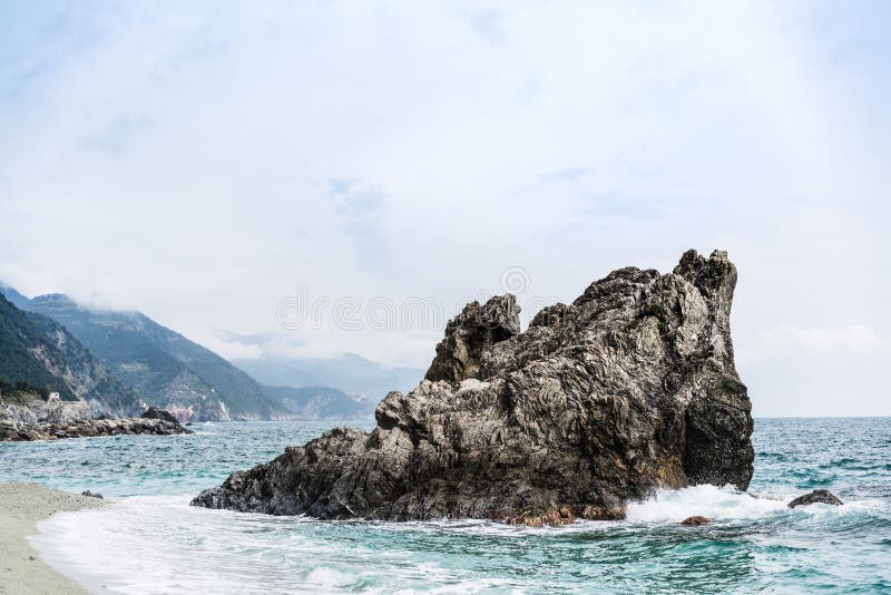 Huge rock at Monterosso beach, Cinque Terre, Liguria, Italy