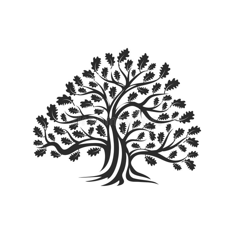 Huge and sacred oak tree silhouette logo badge isolated on white background.