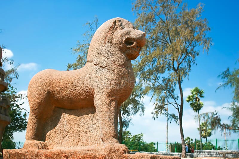 Huge sculpted lion detail of Five Rathas temple