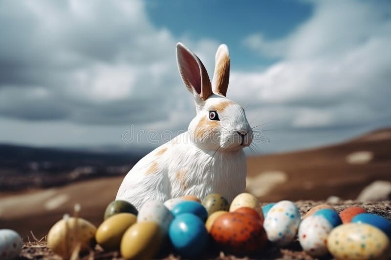 Huge White Easter Bunny and Colored Eggs Outdoors Made with Generative