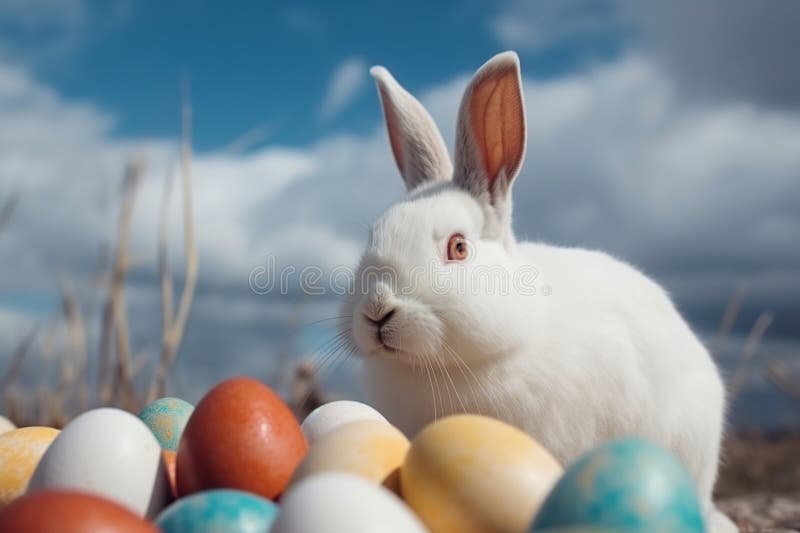 Huge White Easter Bunny and Colored Eggs Outdoors Made with Generative