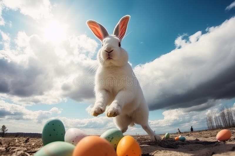 Huge White Easter Bunny and Colored Eggs Outdoors Made with Generative