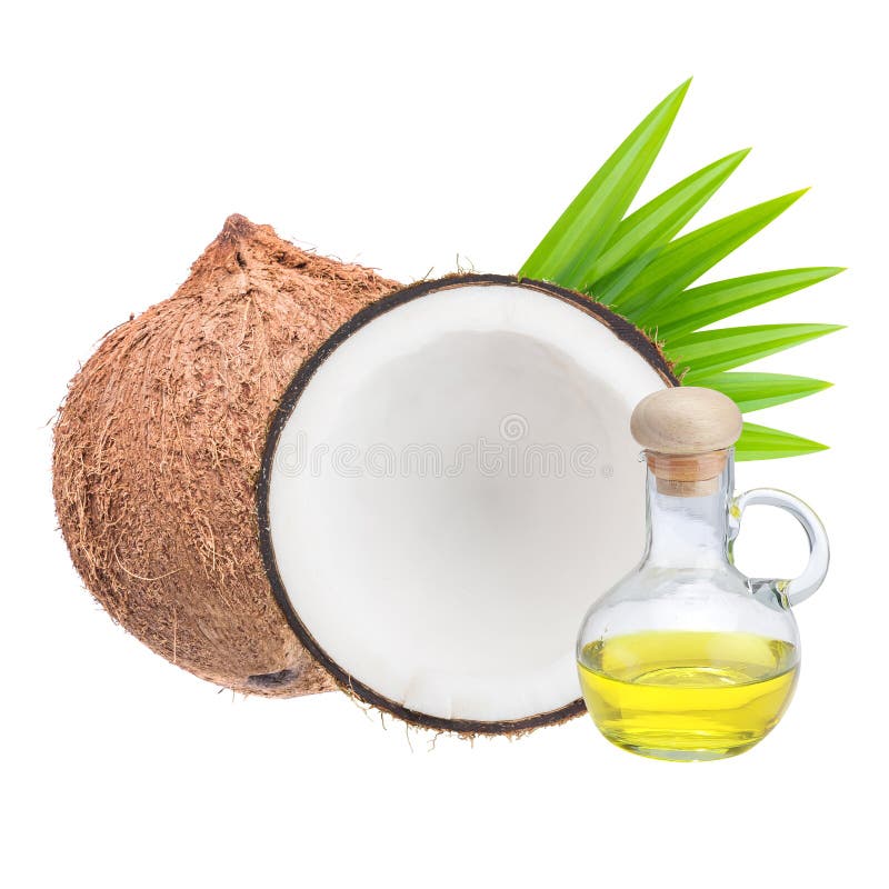Decanter with coconut oil and coconuts on white background. Decanter with coconut oil and coconuts on white background