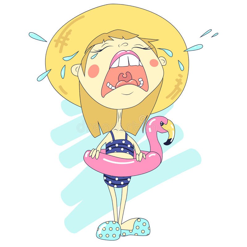 Vector illustration with crying girl with flamingo. Vector illustration with crying girl with flamingo