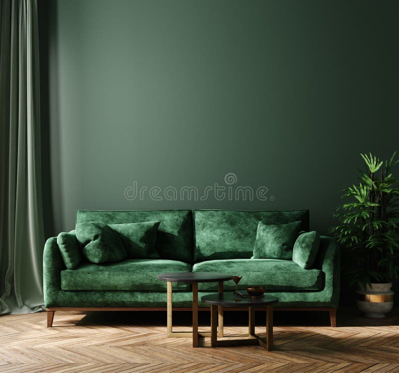 Huis binnenlands model met groen bank, lijst en decor in woonkamer