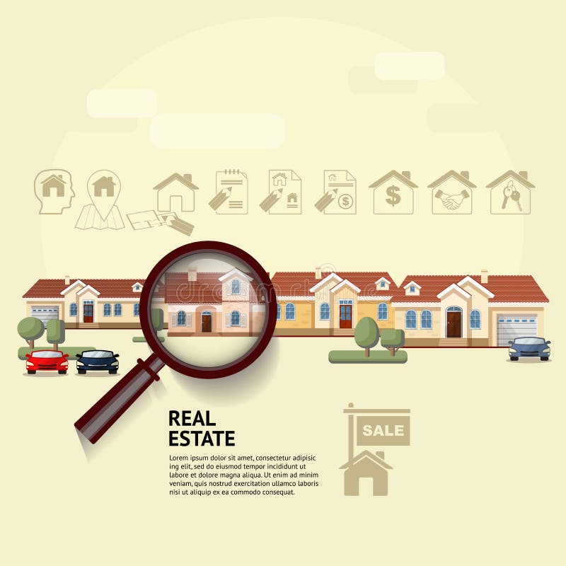 Huis onder vergrootglas Vectorillustratie van onroerende goederen stock illustratie Huis onder vergrootglas Vectorillustratie van onroerende goederen stock illustratie