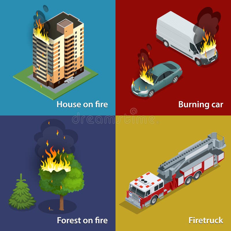 Huis op brand, Brandende auto, Bos op brand, Firetruck Brandafschaffing en slachtofferhulp Isometrische vector vector illustratie Huis op brand, Brandende auto, Bos op brand, Firetruck Brandafschaffing en slachtofferhulp Isometrische vector vector illustratie