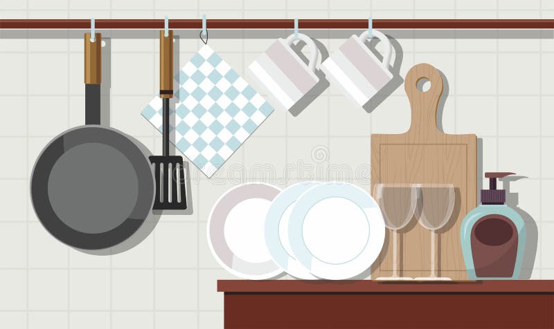 Huisbinnenland van keuken met meubilair en aardewerk stock illustratie Huisbinnenland van keuken met meubilair en aardewerk stock illustratie
