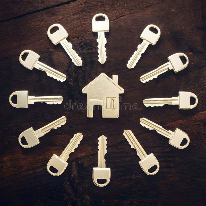 House keys arranged on table, symbolizing real estate concepts For Social Media Post Size. House keys arranged on table, symbolizing real estate concepts For Social Media Post Size