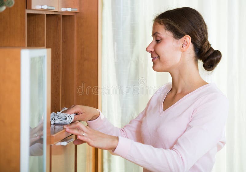 Huisvrouw regelmatig doen maakt in woonkamer schoon stock foto Huisvrouw regelmatig doen maakt in woonkamer schoon stock foto