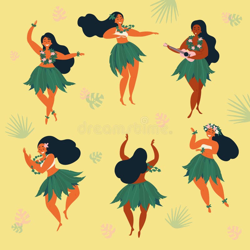 Hula e uquelele havaianos bonitos da dança da menina ilustração do vetor Hula e uquelele havaianos bonitos da dança da menina ilustração do vetor