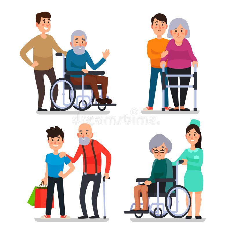 Hulp oude gehandicapten De maatschappelijk werker van vrijwilligersgemeenschap helpt bejaarde burgers op rolstoel, oudste met rie