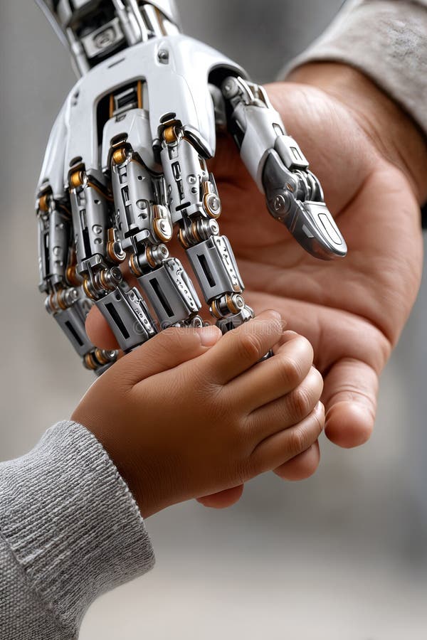 Human and advanced robot handshake representing technology and connection between man and machine in a futuristic world royalty free illustration