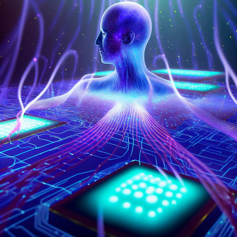 Human and Ai Merging through Advanced Technology to Enhance Cognitive and Physical Capabilities, Transhumanism vector illustration
