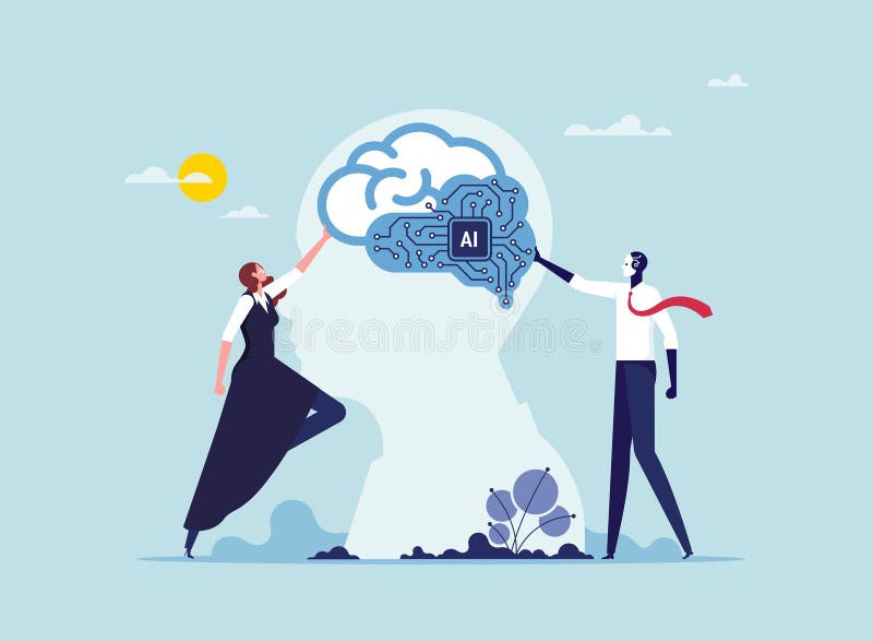 Human and ai robot brainstorming royalty free illustration