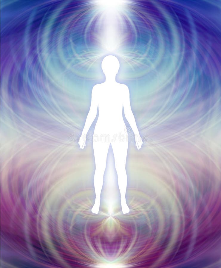 Bianco silhouette femminile con un blu superiore e deep purple inferiore del campo energetico dell'aura, che irradia verso l'esterno.