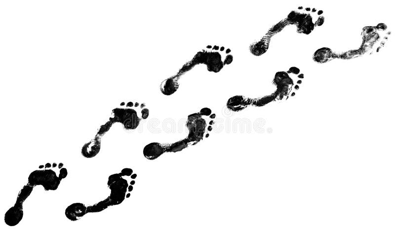 Human black footprints way white background isolated, barefoot person foot print pattern, walking path, footsteps silhouette