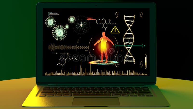 Human body attacked by viruses, scientific research. Genetic experimentation. Data reprocessing stock photo