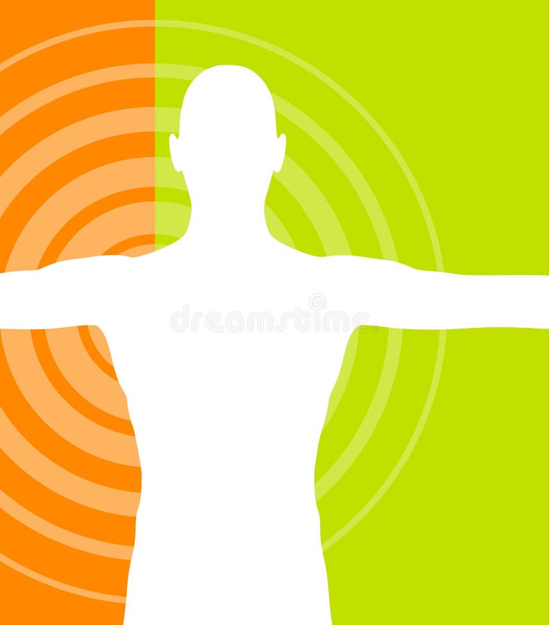 Príklad hrajú ľudské telo siluetu stojacu pred radiálne pozadí s oranžová a zelená.