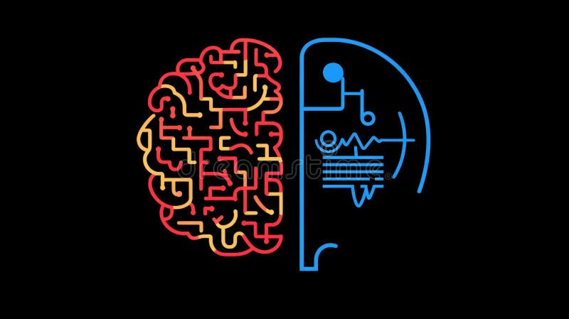 Human brain creativity vs logic chaos vs order, diagram of the left and right sides of the brain as a metaphor for chaos stock photo