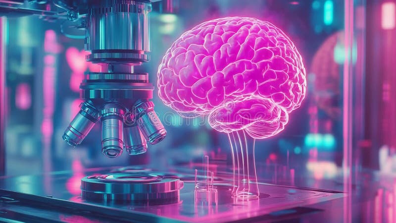 Brain neuroscience research under microscope in futuristic laboratory stock illustration
