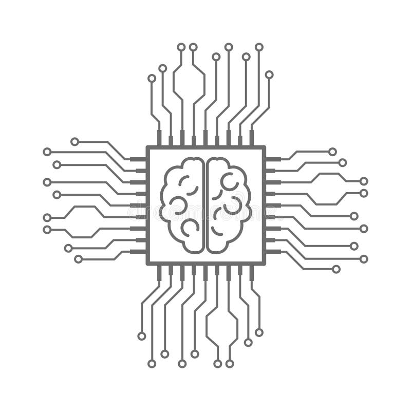 Human brain inside a computer CPU chip. Artificial Intelligence concept. Outline thin line flat illustration. Isolated. stock illustration