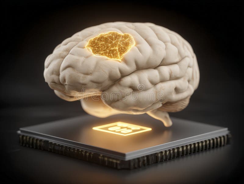 Human Brain Model Above Glowing Computer Chip With Digital Data royalty free illustration