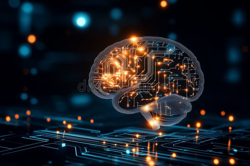 A human brain outline connected by intricate circuit lines symbolizes the fusion of neuroscience and technology stock photography