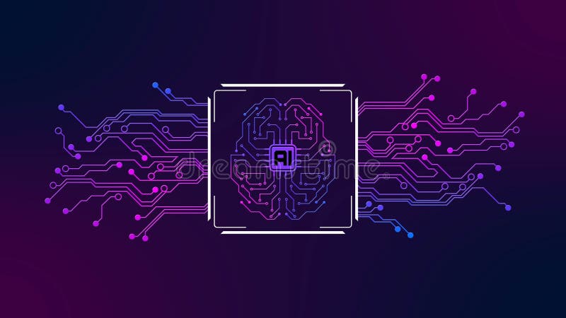 Human brain symbolic for AI Artificial Intelligence centered into circuit contact lines - abstract digital technology background vector illustration