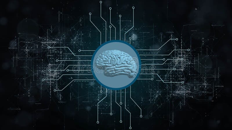 Human brain symbolic for AI Artificial Intelligence centered into information connecting lines on dark background vector illustration