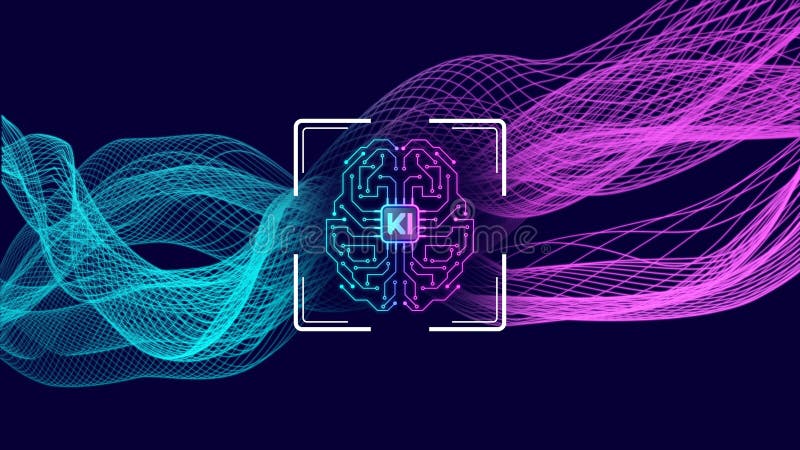 Human brain symbolic for KI Artificial Intelligence centered into background of grid waves royalty free illustration
