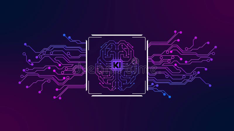 Human brain symbolic for KI Artificial Intelligence centered into circuit contact lines - abstract digital technology background stock illustration