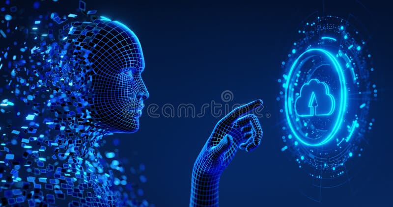 Human Digital Avatar as a Symbol of AI presses a virtual button on screen cloud computing icon. Technology and network vector illustration