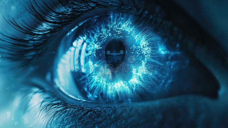Human eye with digital biometric data, facial recognition technology, detail of AI cyborg face. Concept of identification, person vector illustration