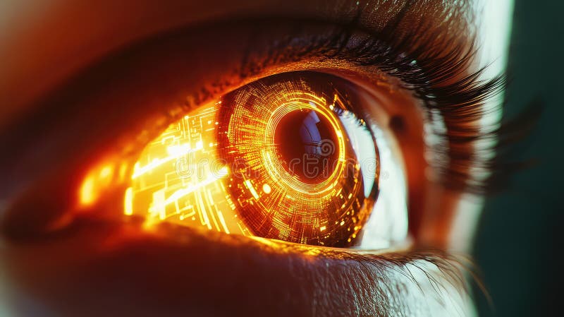 Human eye featuring digital circuit design and data lines stock illustration