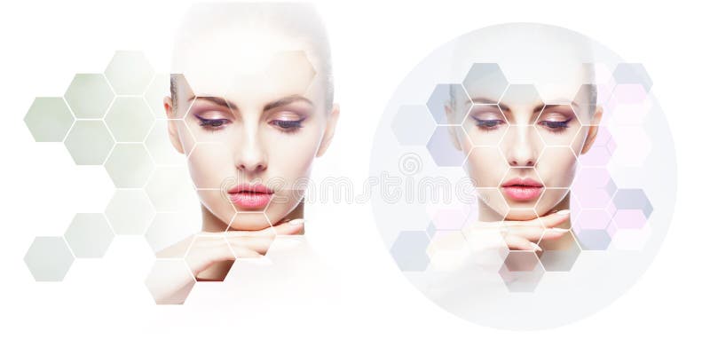 Human face in a collage. Young and healthy woman in plastic surgery, medicine, spa and face lifting concept collection.