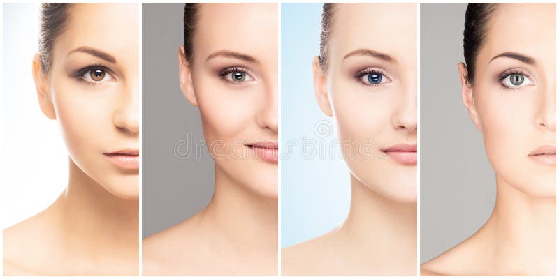 Human face in a collage. Young and healthy woman in plastic surgery, medicine, spa and face lifting concept. royalty free stock image Human face in a collage. Young and healthy woman in plastic surgery, medicine, spa and face lifting concept. royalty free stock image
